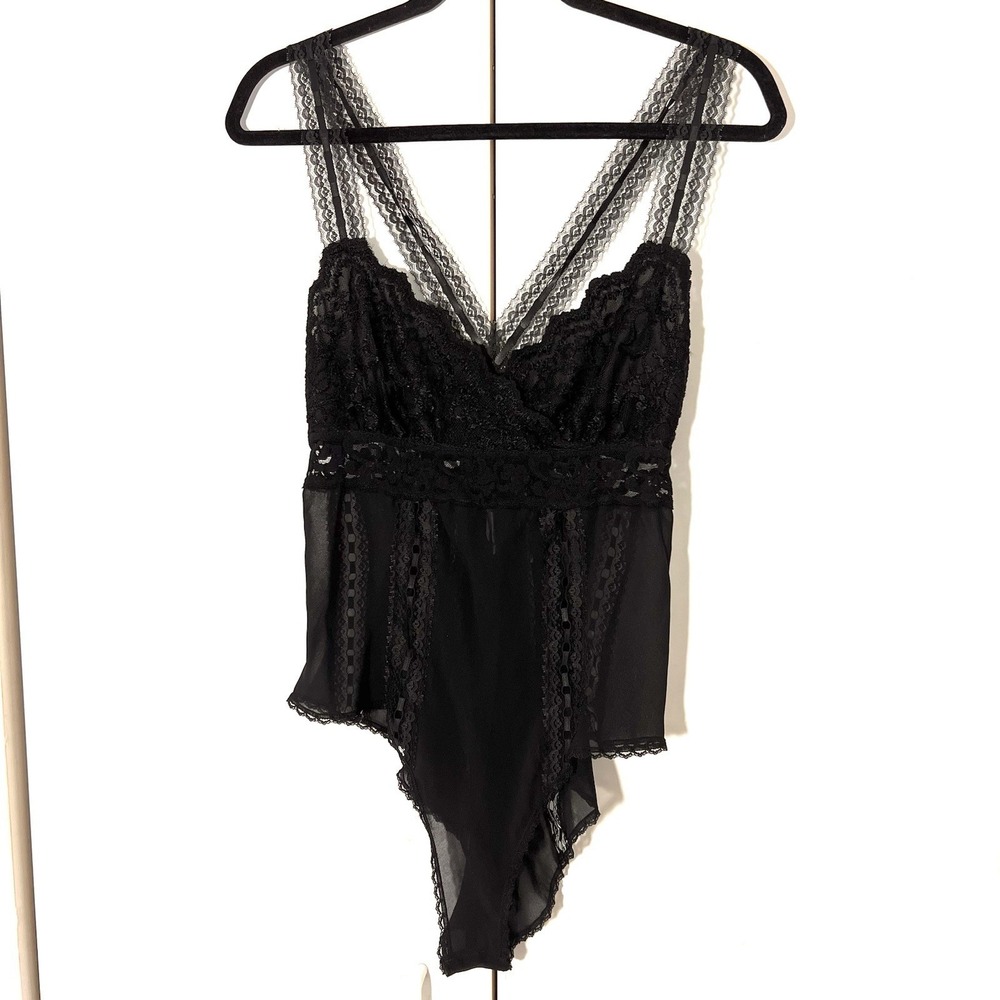 Vintage Josie Natori Teddy Bodysuit Size S Black V Neck Lace Trim Lingerie Sheer
